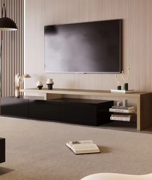 Modern TV-meubel met LED Verlichting – 197 cm Breed, Houtlook & Glasplanken