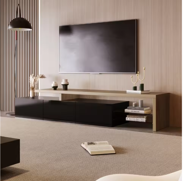 Modern TV-meubel met LED Verlichting – 197 cm Breed, Houtlook & Glasplanken