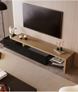 Modern TV-meubel met LED Verlichting – 197 cm Breed, Houtlook & Glasplanken