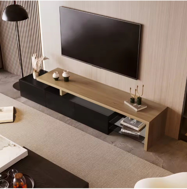 Modern TV-meubel met LED Verlichting – 197 cm Breed, Houtlook & Glasplanken