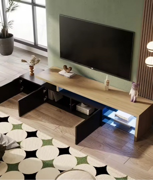 Modern TV-meubel met LED Verlichting – 197 cm Breed, Houtlook & Glasplanken