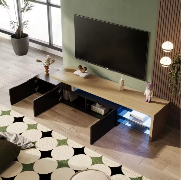 Modern TV-meubel met LED Verlichting – 197 cm Breed, Houtlook & Glasplanken