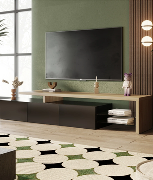 Modern TV-meubel met LED Verlichting – 197 cm Breed, Houtlook & Glasplanken