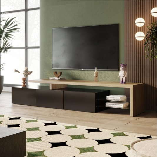 Modern TV-meubel met LED Verlichting – 197 cm Breed, Houtlook & Glasplanken