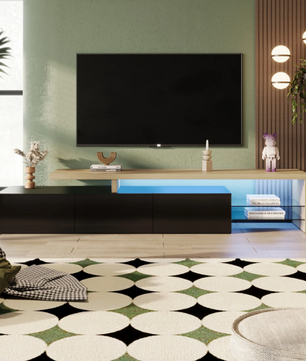 Modern TV-meubel met LED Verlichting – 197 cm Breed, Houtlook & Glasplanken