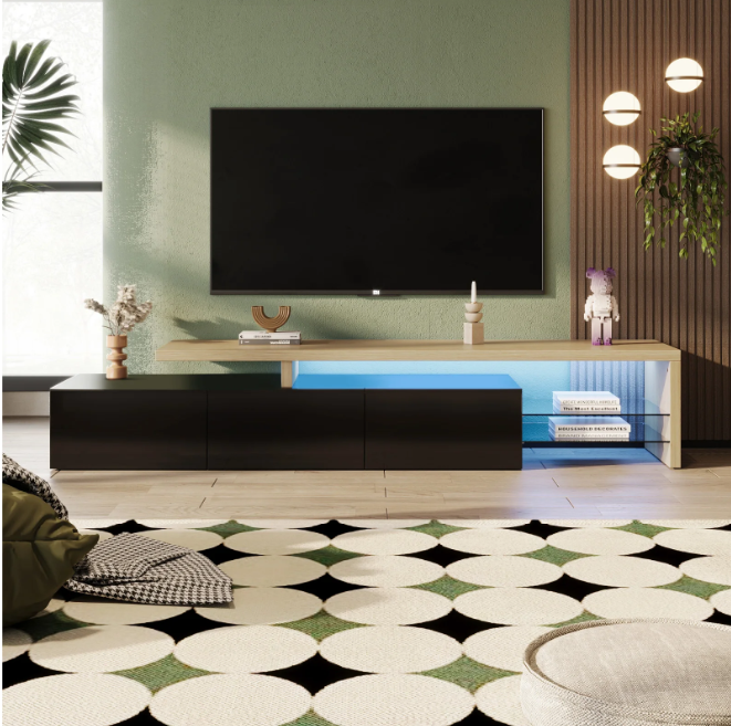 Modern TV-meubel met LED Verlichting – 197 cm Breed, Houtlook & Glasplanken
