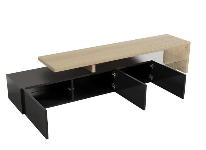 Modern TV-meubel met LED Verlichting – 197 cm Breed, Houtlook & Glasplanken