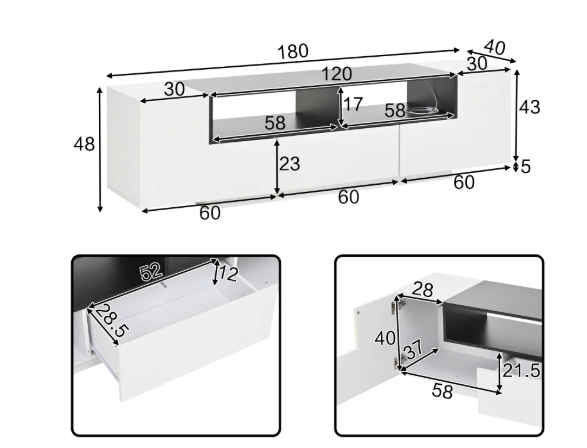 TV-Lowboard met LED Verlichting – Hoogglans Wit, 180 x 40 x 48 cm