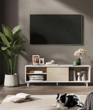 Modern TV-meubel met Schuifdeuren & Glas – 140 cm Breed, Wit/Beige