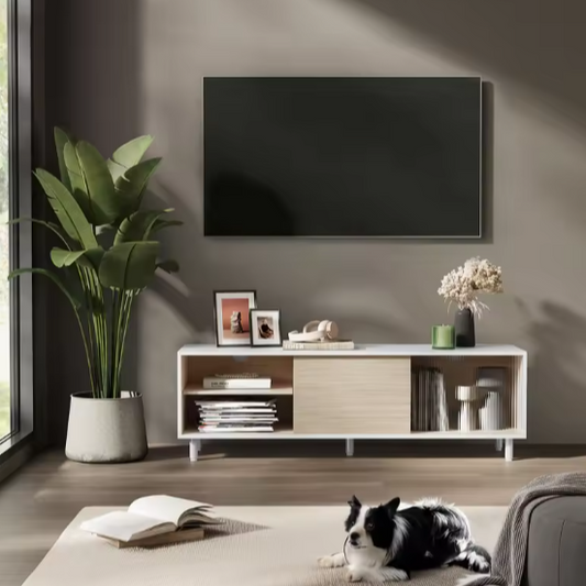 Modern TV-meubel met Schuifdeuren & Glas – 140 cm Breed, Wit/Beige