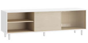 Modern TV-meubel met Schuifdeuren & Glas – 140 cm Breed, Wit/Beige