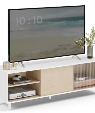 Modern TV-meubel met Schuifdeuren & Glas – 140 cm Breed, Wit/Beige