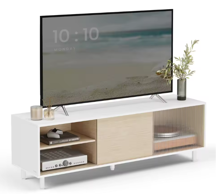 Modern TV-meubel met Schuifdeuren & Glas – 140 cm Breed, Wit/Beige