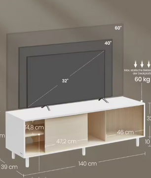 Modern TV-meubel met Schuifdeuren & Glas – 140 cm Breed, Wit/Beige