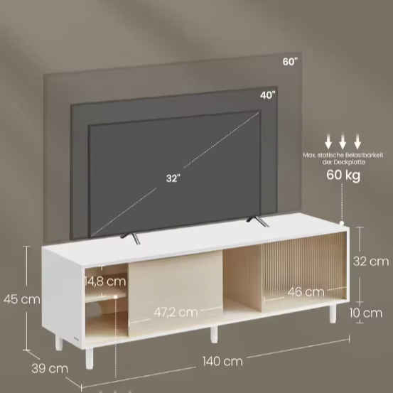 Modern TV-meubel met Schuifdeuren & Glas – 140 cm Breed, Wit/Beige