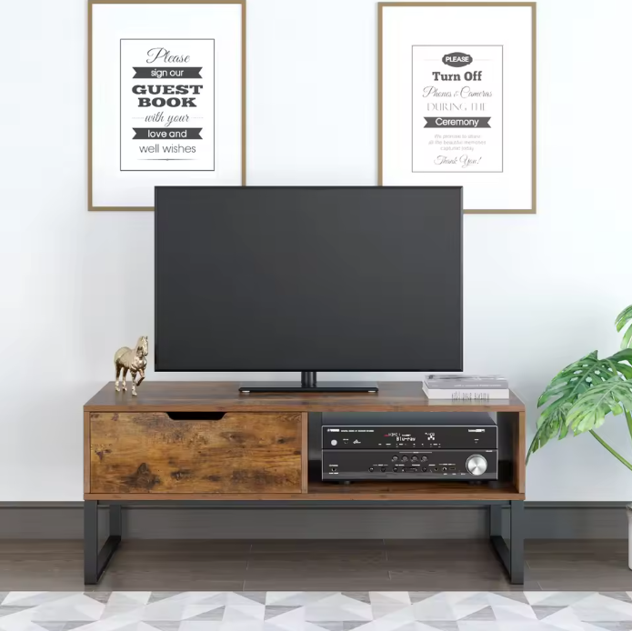 TV-Lowboard met Deuren en Open Vakken – Hout & Metaal, 106 x 48 x 43 cm