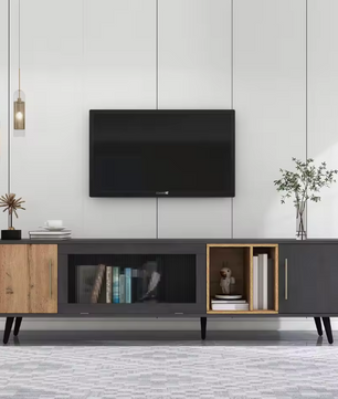 TV-Meubel met Deuren & Glazen Klep – Donker Hout & Grijs, 200 x 40 x 55,5 cm