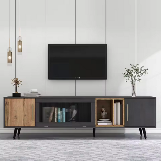 TV-Meubel met Deuren & Glazen Klep – Donker Hout & Grijs, 200 x 40 x 55,5 cm