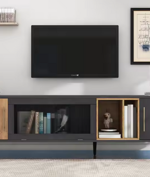 TV-Meubel met Deuren & Glazen Klep – Donker Hout & Grijs, 200 x 40 x 55,5 cm