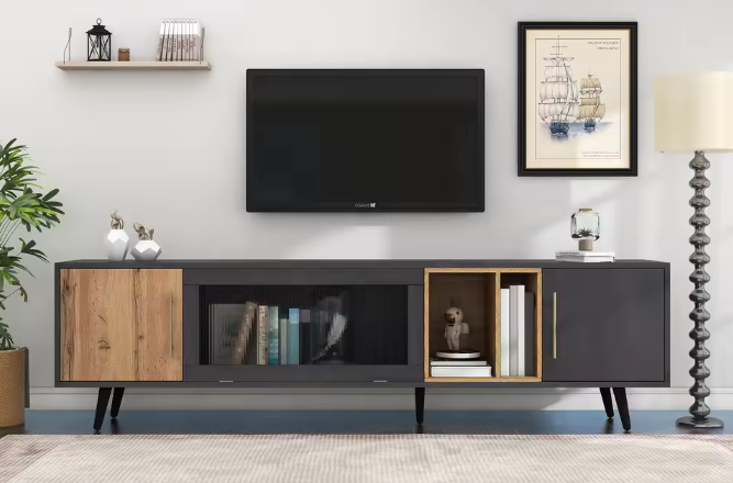 TV-Meubel met Deuren & Glazen Klep – Donker Hout & Grijs, 200 x 40 x 55,5 cm