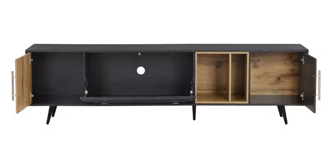 TV-Meubel met Deuren & Glazen Klep – Donker Hout & Grijs, 200 x 40 x 55,5 cm