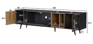 TV-Meubel met Deuren & Glazen Klep – Donker Hout & Grijs, 200 x 40 x 55,5 cm