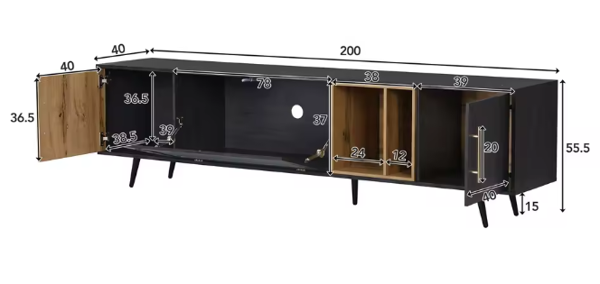 TV-Meubel met Deuren & Glazen Klep – Donker Hout & Grijs, 200 x 40 x 55,5 cm