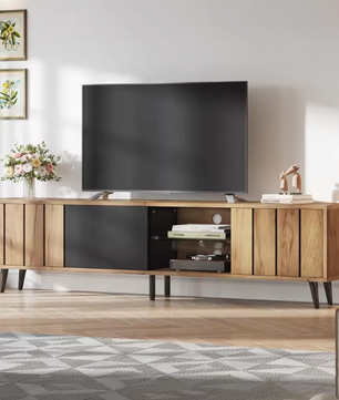 TV-Meubel met 3 Deuren & Glazen Plank – Hout & Zwart, 175 x 31,5 x 45 cm