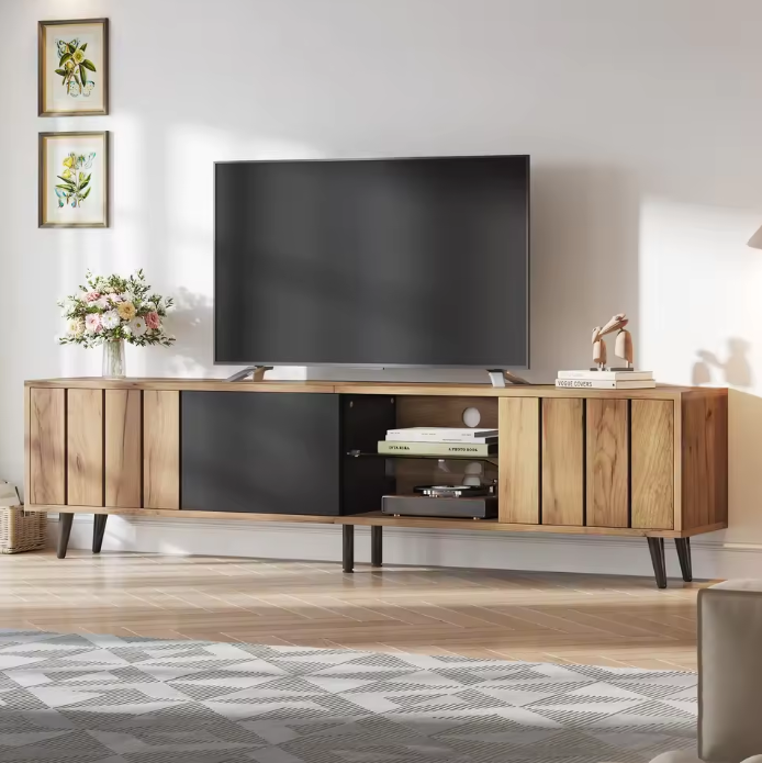TV-Meubel met 3 Deuren & Glazen Plank – Hout & Zwart, 175 x 31,5 x 45 cm