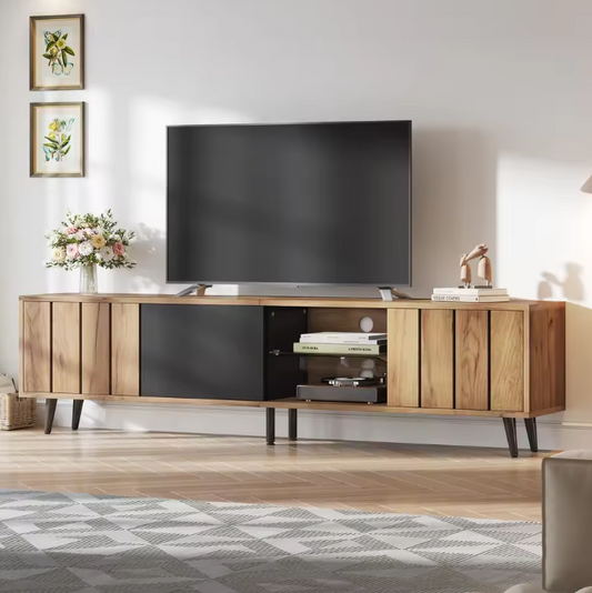 TV-Meubel met 3 Deuren & Glazen Plank – Hout & Zwart, 175 x 31,5 x 45 cm
