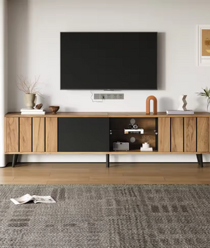 TV-Meubel met 3 Deuren & Glazen Plank – Hout & Zwart, 175 x 31,5 x 45 cm