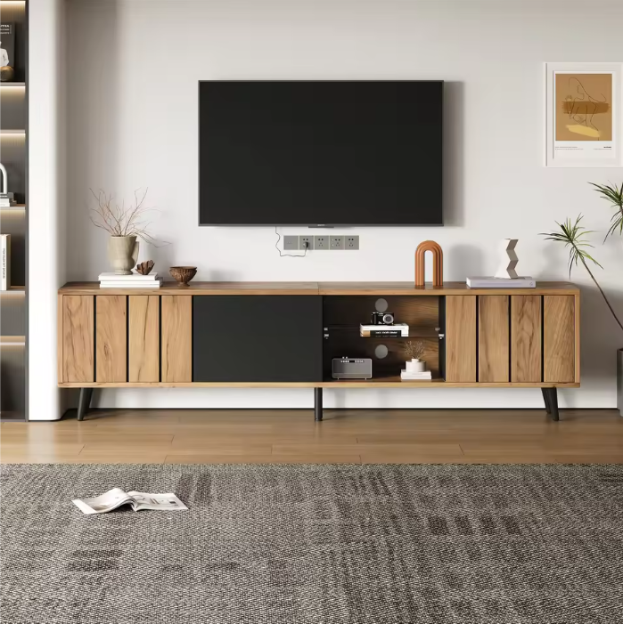TV-Meubel met 3 Deuren & Glazen Plank – Hout & Zwart, 175 x 31,5 x 45 cm