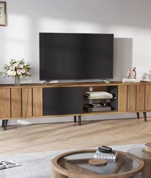 TV-Meubel met 3 Deuren & Glazen Plank – Hout & Zwart, 175 x 31,5 x 45 cm