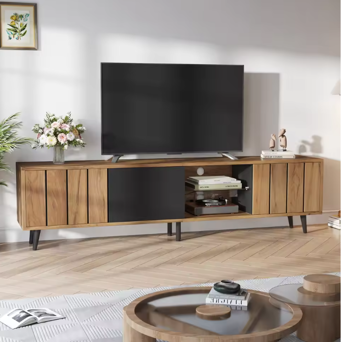 TV-Meubel met 3 Deuren & Glazen Plank – Hout & Zwart, 175 x 31,5 x 45 cm