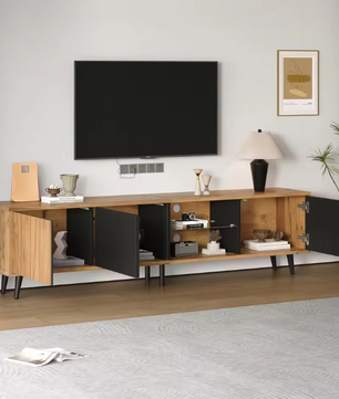 TV-Meubel met 3 Deuren & Glazen Plank – Hout & Zwart, 175 x 31,5 x 45 cm