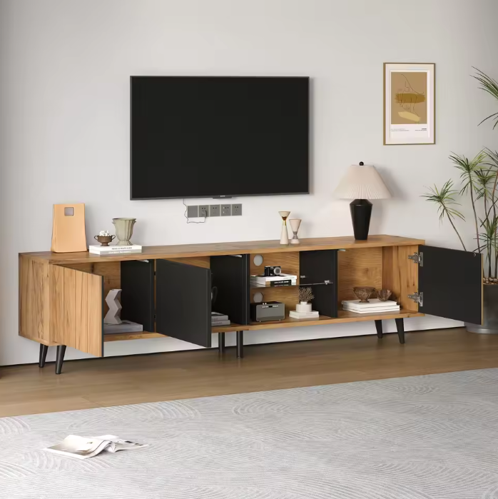 TV-Meubel met 3 Deuren & Glazen Plank – Hout & Zwart, 175 x 31,5 x 45 cm