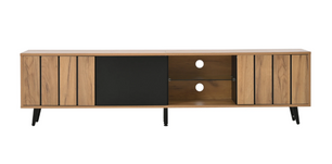 TV-Meubel met 3 Deuren & Glazen Plank – Hout & Zwart, 175 x 31,5 x 45 cm