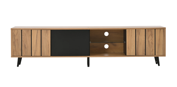 TV-Meubel met 3 Deuren & Glazen Plank – Hout & Zwart, 175 x 31,5 x 45 cm