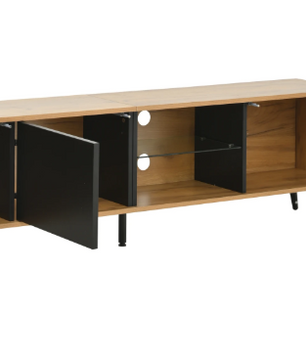 TV-Meubel met 3 Deuren & Glazen Plank – Hout & Zwart, 175 x 31,5 x 45 cm