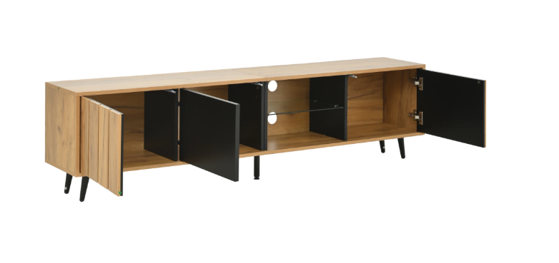 TV-Meubel met 3 Deuren & Glazen Plank – Hout & Zwart, 175 x 31,5 x 45 cm