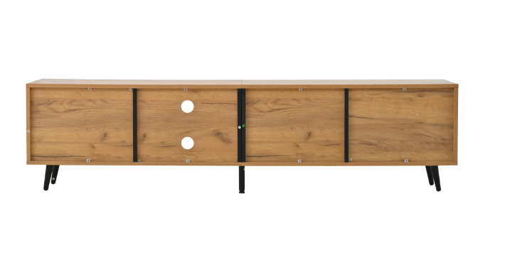 TV-Meubel met 3 Deuren & Glazen Plank – Hout & Zwart, 175 x 31,5 x 45 cm