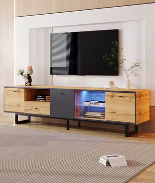 TV-Meubel met LED Verlichting & Glazen Schappen – Hout & Zwart, 190 x 40 x 50 cm
