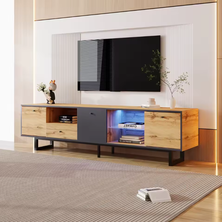 TV-Meubel met LED Verlichting & Glazen Schappen – Hout & Zwart, 190 x 40 x 50 cm