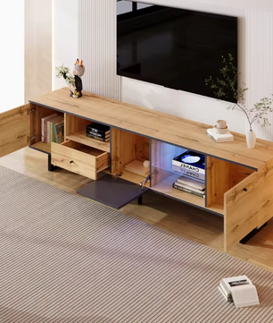 TV-Meubel met LED Verlichting & Glazen Schappen – Hout & Zwart, 190 x 40 x 50 cm