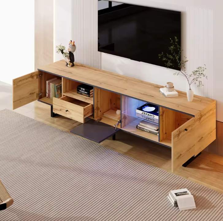 TV-Meubel met LED Verlichting & Glazen Schappen – Hout & Zwart, 190 x 40 x 50 cm