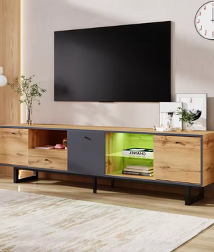 TV-Meubel met LED Verlichting & Glazen Schappen – Hout & Zwart, 190 x 40 x 50 cm