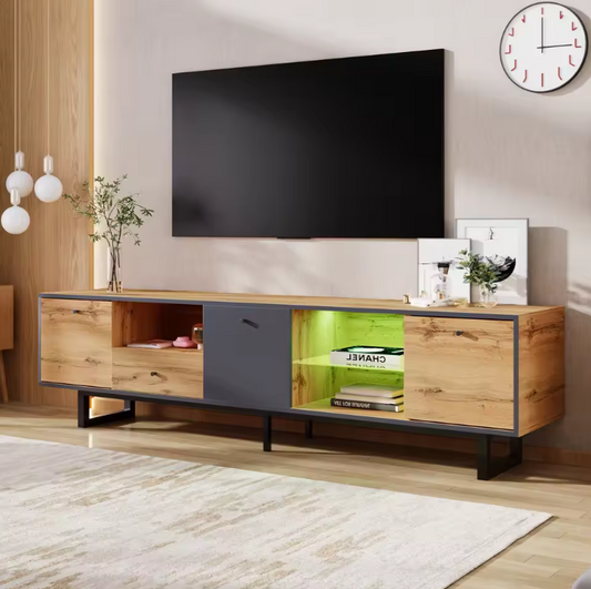 TV-Meubel met LED Verlichting & Glazen Schappen – Hout & Zwart, 190 x 40 x 50 cm