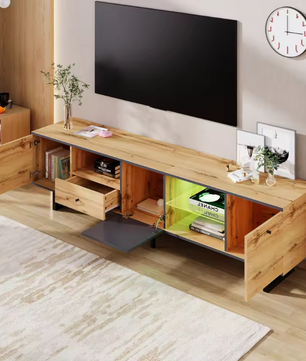 TV-Meubel met LED Verlichting & Glazen Schappen – Hout & Zwart, 190 x 40 x 50 cm
