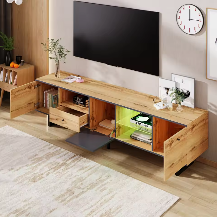 TV-Meubel met LED Verlichting & Glazen Schappen – Hout & Zwart, 190 x 40 x 50 cm