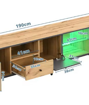 TV-Meubel met LED Verlichting & Glazen Schappen – Hout & Zwart, 190 x 40 x 50 cm